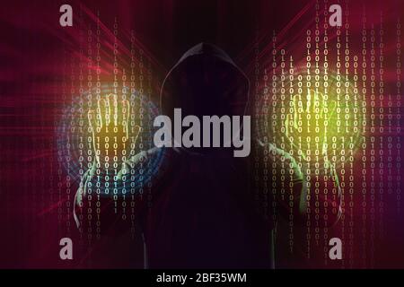 Professional hacker using virtual screen on dark background Stock Photo