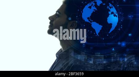 Triple exposure of man, model of Earth and modern city Stock Photo
