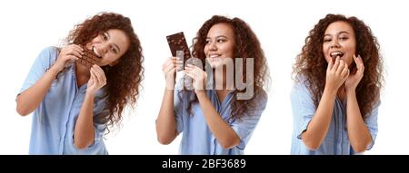 Set of young African-American woman with chocolate on white background Stock Photo