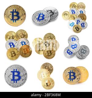 Golden and silver bitcoins on white background Stock Photo