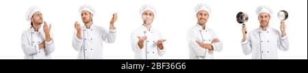Set with handsome male chef on white background Stock Photo