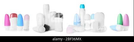 Many different deodorants on white background Stock Photo