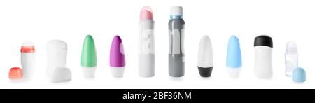Different deodorants on white background Stock Photo