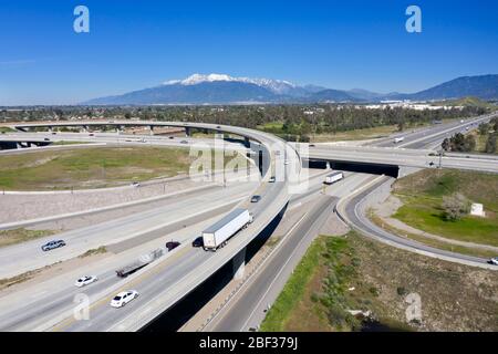 Aerial view of the Interstate 15 and 210 freeway interchange in San Bernardino, California Stock Photo