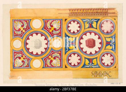 Design for Decorative Panel for July Festival Architecture. Design for a hexagonal column capital with red, blue, and gold, geometric Arabic-style ornament. Stock Photo