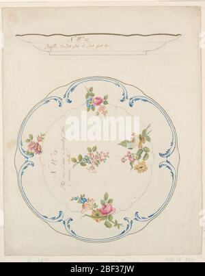 Design for a Painted Porcelain Tray. Slightly scalloped painted porcelain tray in elevation (above) and in plan (below), decorated at quadrants with floral sprays of pink roses, yellow and red parrot tulips, and daisies and one spray at center. Stock Photo