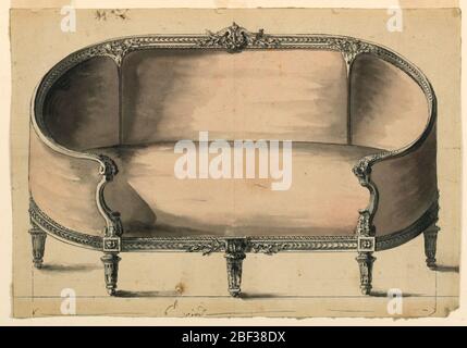 Design for a Sofa. Sofa turned and fluted legs and wrap-around sides and wood trim is seen from the front. The trimis detailed with fluted acanthus volutes and in the center of the back trim there is a bud separated by two acanthus leaves from which hangs a swag. Stock Photo