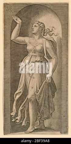 Allegorical Figure of Faith. Female figure standing in a niche, facing half-left and pointing to a ray of fire, upper left. Stock Photo