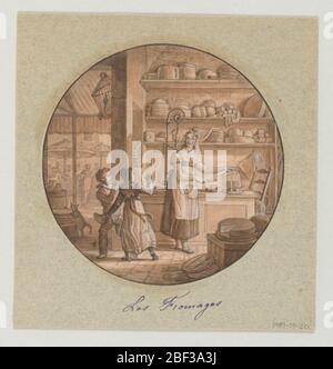 Design for a Painted Porcelain Plate Les Fromages Cheeses for the Service des Objets de Dessert Dessert Service. Design for a painted porcelain plate, rondel. Scene in a cheese shop showing the figure of a proprietress, right, standing in front of a counter. Stock Photo