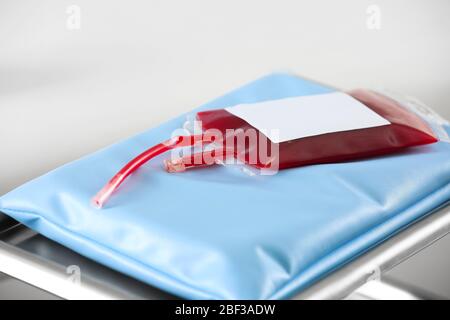 Blood pack for transfusion with pillow on table in hospital Stock Photo