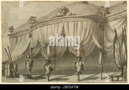 Stage Design A Pavilion with Trophies of War. Horizontal rectangle. Stage design for a pavilion with broad quatrefoil plan. The three central parts at the front are decorated with war trophies, possibly the armor of enemies. At left is a group of weapons, including spears and shields. Stock Photo