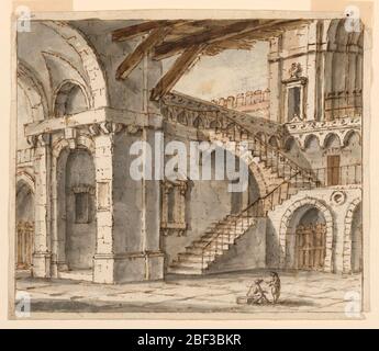 Stage Design Prison Court. Horizontal format. Prison court with stairs leading upward. Bolted doors in background. At right, two male figures in courtyard. Stock Photo