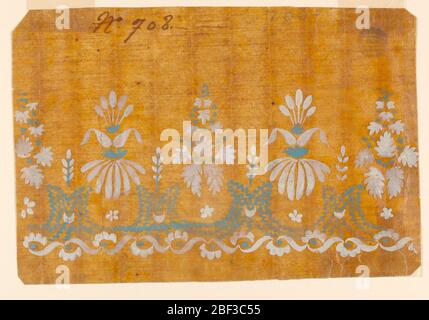 Design for an Embroidered of Woven Horizontal Border. Upper and lower halves of blossoms alternate at the bottom, connected by 'S' scrolls. Zigzag lines form a winged battlement frieze over the hollows of which plants of two different designs alternate. Stock Photo