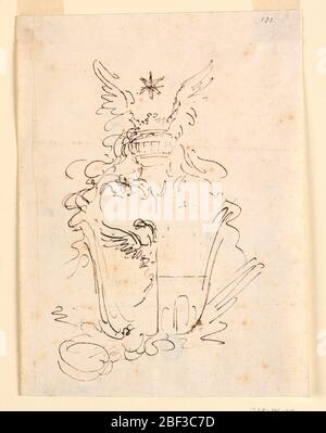 Sketch for Coat of Arms. Vertical rectangle. At right, the dexter half with two-headed eagle; at left, the sinister half, per fesse three crosses and three mounts. Helmet of a count with wings and star above. Verso: three slight sketches, seemingly architectural. Stock Photo