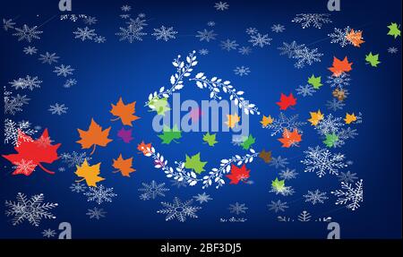 snow and dry color leaves on abstract background Stock Vector