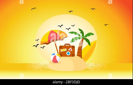 beach and sand view during sunset with birds Stock Vector