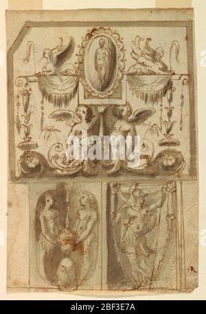 Design for the Painted Decorations of Three Panels. Vertical rectangle with three panels. Above is a horizontal oblong with a bevelled upper left corner. The half-figures of two children carry a lath, the central part forms one half of an oblong, in which stands a framed cameo. Stock Photo