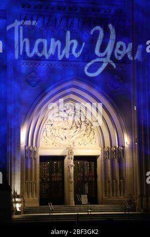 Washington, DC, USA. 16th Apr, 2020. The Washington National Cathedral in Washington D.C goes blue to thank heath care workers on April 16, 2020. Credit: Mpi34/Media Punch/Alamy Live News Stock Photo