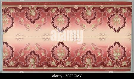 Frieze. Borders printed two across (mirror). Alternating large and small foliate medallions with rose bouquet insets. Stock Photo