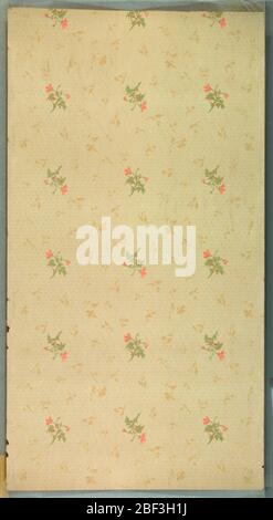 Ceiling paper. Repeating pink floral motif with all-over, monochromatic, smaller floral motif. Background of dash and dot pattern. Cream ground. Printed in pinks, greens, beige and white liquid mica. Printed in selvedge: "S.A. Maxwell & Co." Pattern number "1657" Stock Photo