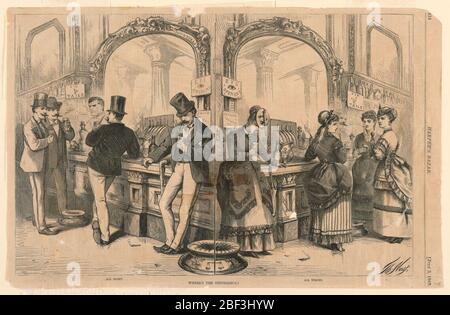 Wheres the Difference. A bar scene divided vertically in two parts. In the right half, four women stand against a bar with a large mirror behind. Stock Photo