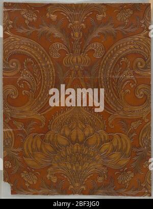 Sidewall. imitation leather. Bisymmetrical leaf and plant forms embossed in gold on glazed brown ground. Stock Photo