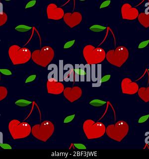 Abstract seamless pattern with heart-shaped berry on a black background. Pattern for fabric, textile, wrapping paper, wallpaper  Stock Vector