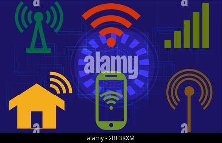 different symbols of network on dark abstract background Stock Vector