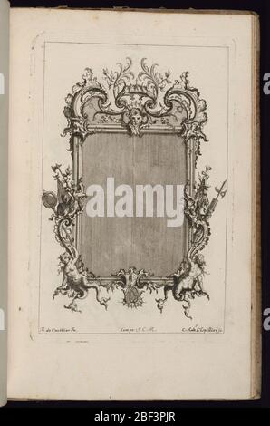 Frame with Crowned Mask Premier Livre de Cadres First Book of Frames. Upright frame design for a mirror or painting, rectangular form, topped with a mask below an open crown; the base supported by two herms with armorial trophies at left and right. Stock Photo