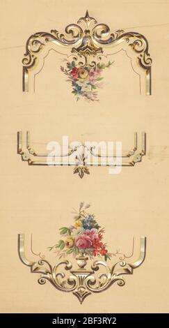 Window shade. Three design elements printed on a tan ground. Each of the three elements is a different example of a frame style. The outer two elements each contain an urn with a bouquet of flowers that is hand painted. THe frames printed in colors and metallic pigments. Stock Photo