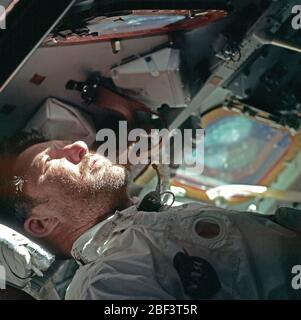 (20 Oct. 1968) --- A heavy beard covers the face of astronaut Walter M. Schirra Jr., Apollo 7 commander, as he looks out the rendezvous window in front of the commander's station on the ninth day of the Apollo 7 mission. Stock Photo