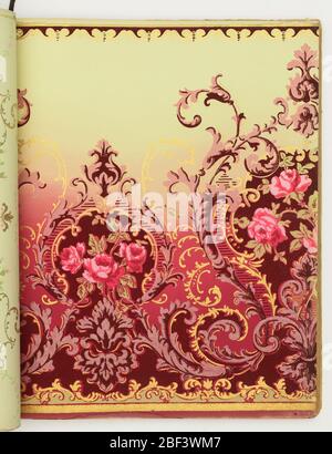 Alfred Peats Prize Wallpaper. Sample book contains mostly floral medallion papers in matched sets with several patterns available in mulitple colorways. Each set includes a sidewall, frieze and ceiling paper. Stock Photo