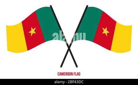 Two Crossed Waving Cameroon Flag On Isolated White Background. Cameroon Flag Vector Illustration. Stock Photo