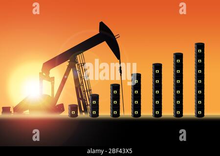 Rows of oil barrel drums increasing in bar chart format with pump jack silhouette against a sunset sky with deliberate lens flare and copy space. Conc Stock Photo