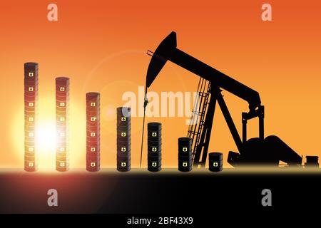 Rows of oil barrel drums decreasing in bar chart format with pump jack silhouette against a sunset sky with deliberate lens flare and copy space. Conc Stock Photo