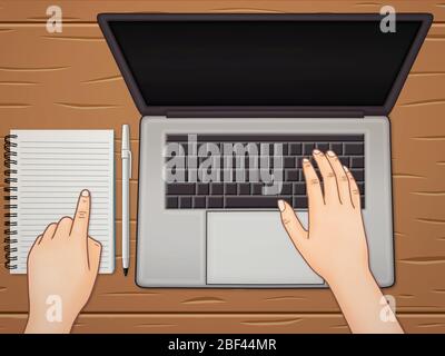 Illustration of a person putting his hands on a laptop, pointing to a notebook and writing, working at home, doing homework Stock Photo