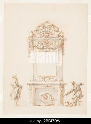 Design for a Fireplace Antinous Room Villa Albani Rome Italy. An ornate mantelpiece, decorated with sculpted reliefs of lion heads and scrolls, occupies the center of the design. A carved frame, supported by pilasters and ornamented with garlands, rosettes, and griffins terminates in a triangular pediment. Stock Photo
