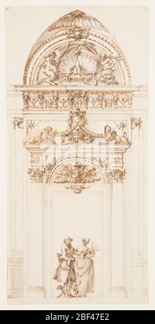 Design for the East Portal Grand Gallery Villa Albani Rome Italy. Above the door frame is a half circle with a trophy of arms of Cardinal Albani. Above the straight entablature of the door-case, in the center, is a vase with dolphins beside it and garlands hanging cross-like from the backs of crouching sphinxes. Stock Photo