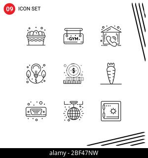 Stock Vector Icon Pack of 9 Line Signs and Symbols for carrot, shopping, contact, online, bulb Editable Vector Design Elements Stock Vector