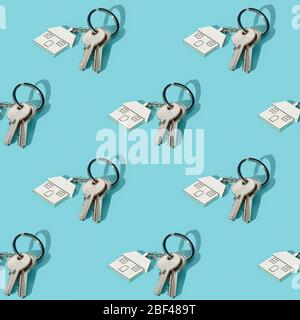 Seamless texture pattern. Keys and keychain house on a green background. Set. Long harsh shadow from the summer sunshine. Stock Photo