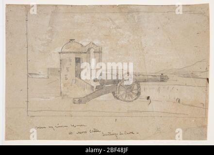 Study for Searchlight Harbor Entrance Santiago de Cuba. Horizontal view of a cannon and the searchlight on the parapet of the Spanish fort, Morro Castle, with the harbor of Santiago de Cuba visible in the background. Stock Photo