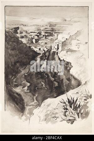 The Cave of Adullam. A cliff edge and a large plant in the foreground, right. A valley in the center of the composition. Some buildings built into the side of the cliff face, in the distance. More buildings and low, rolling mountains beyond. Stock Photo