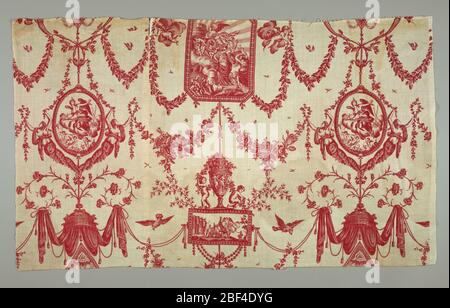 A la gloire de Louis XVI. Design of four framed allegorical scenes, separated by swags, floral garlands and cornucopias. Red on white. Stock Photo