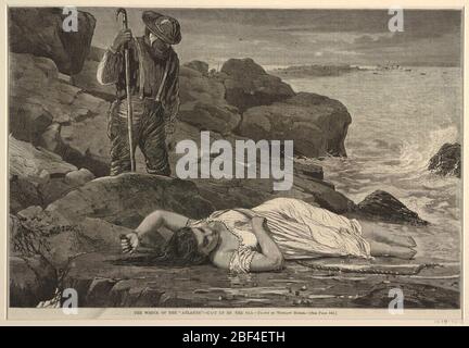 The Wreck of the Atlantic Cast up by the Sea. Horizontal view of rocky seacoast with boulders, with the figure of a woman in nightdress lying full length in the foreground, while beyond her, looking downward, is a man with a boathook, and in distance, at right, are a point of land with figures and founder Stock Photo