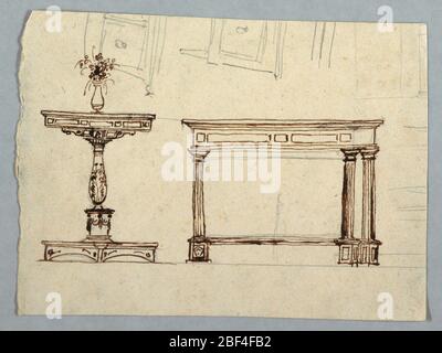 Project for Tables Sketches for Chests of Drawers and Possibly Frieze Stand. At left, table with square top, supported by baluster. Flower and vase set on table. At right, oblong table supported by four fluted columns. At upper edge, right part of chest of drawers, upper part standing on legs. Stock Photo