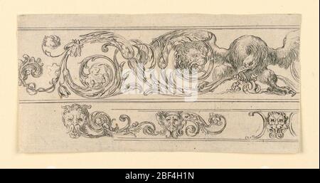 Plate from Frises Feuillages et Grotesques Friezes Foliage and Grotesques. Horizontal rectangle showing scrolling acanthus arabesques and grotesque faces. At right, a man wearing a laurel wreath. Stock Photo