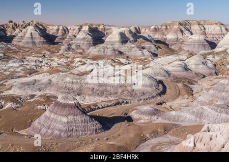 Looking down on the Blue Mesa Trail in Petrified Forest National Park. Stock Photo