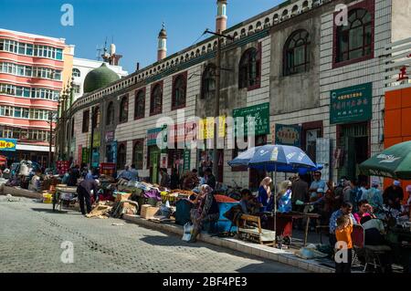 Market stalls near the Bazaar area of Urumqi, Xinjiang Province. China Stock Photo