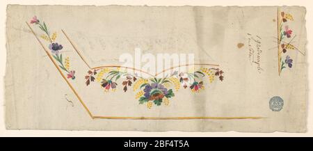 Design for the Embroidery of a Mans Waistcoat Unfinished. For the left bottom corner of a man's waistcoat. Flower bunches alternate with fantastical plant motifs, both upside down, are under the pocket. Floral motifs and a garland along the outer edges. Stock Photo