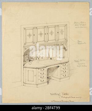 Design for Writing Desk Built into Alcove. Writing desk in built-in niche; front has four small horizontal drawers on either side of open center; single vertical drawer set into both canted front corners; writing utensils, vase of flowers, and book on top; above, four vertical cupboard drawers supporte Stock Photo